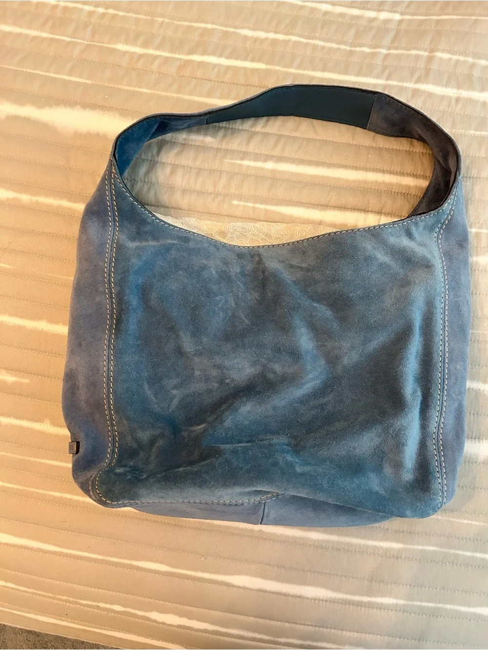 Michael Kors Blue Suede Leather Hobo Shoulder Bag Large Slouch Tote Purse